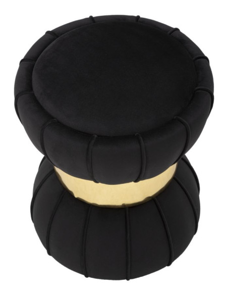 Pouf original Rond en Velours Noir Simili Doré Bois Flower 