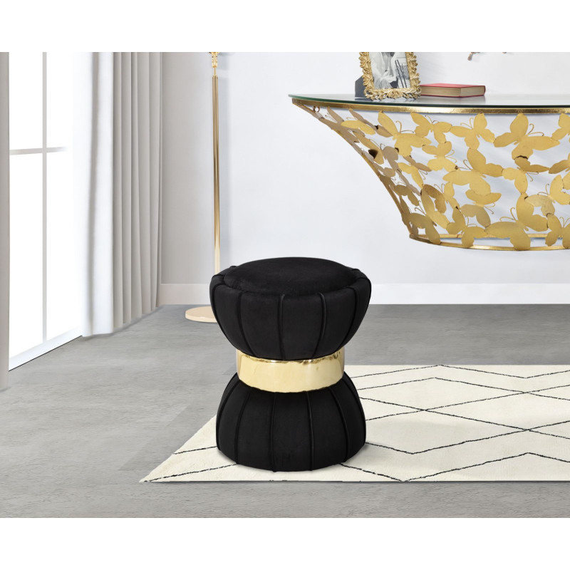 Pouf original Rond en Velours Noir Simili Doré Bois Flower 