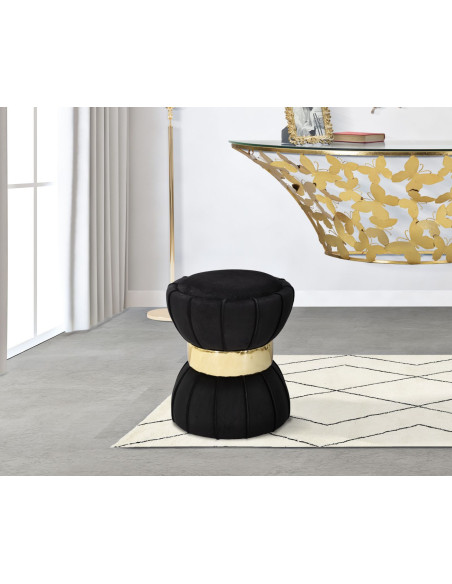 Pouf original Rond en Velours Noir Simili Doré Bois Flower 