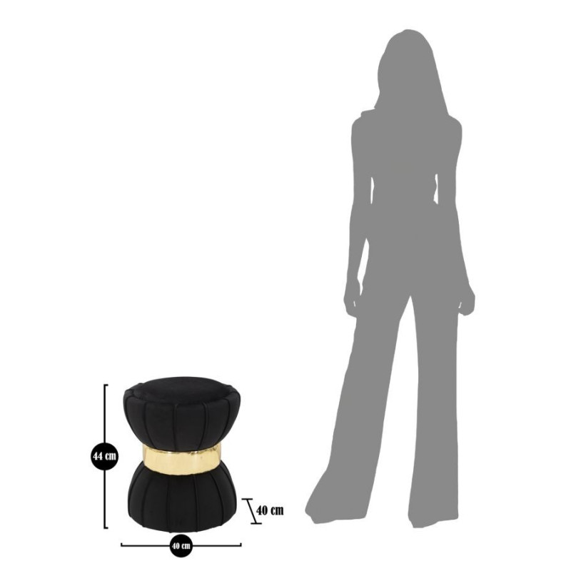 Pouf original Rond en Velours Noir Simili Doré Bois Flower 