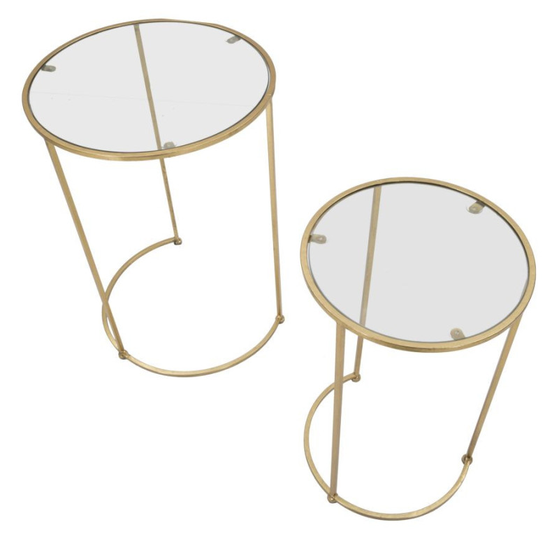 Table d'appoint moderne gigogne Ronde en Métal Doré Verre Simply (Lot de 2) 
