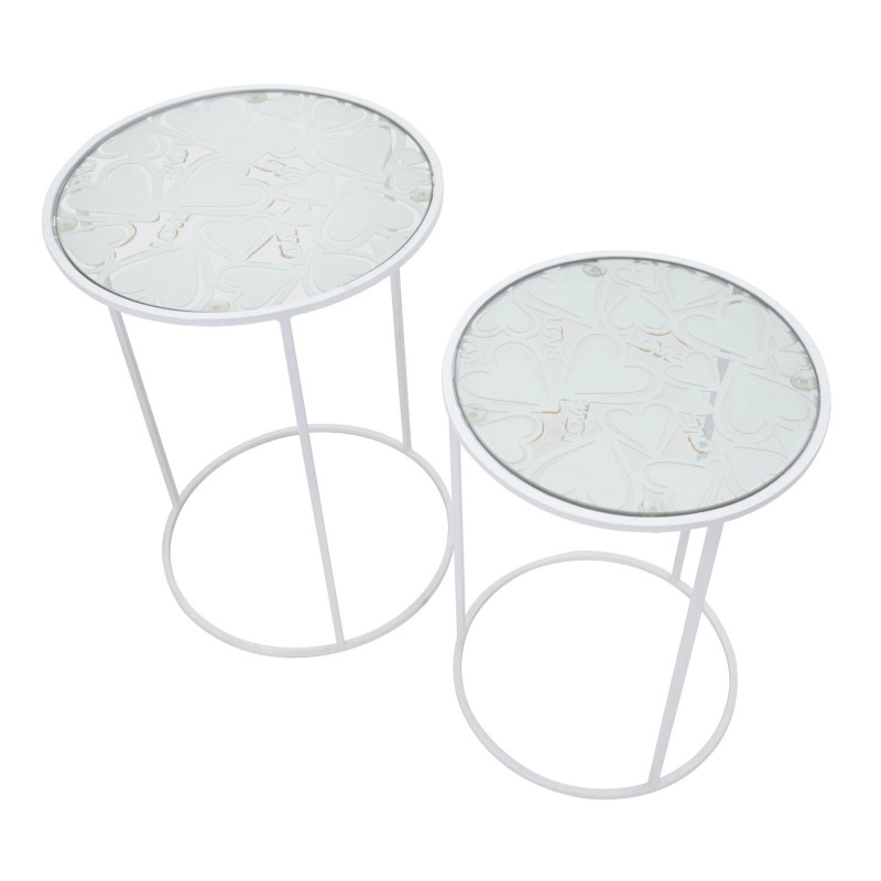 Table d'appoint moderne Ronde en Métal Blanc Verre Motif papillons White Hearts (Lot de 2) 