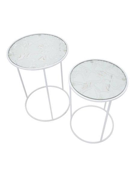 Table d'appoint moderne Ronde en Métal Blanc Verre Motif papillons White Hearts (Lot de 2) 