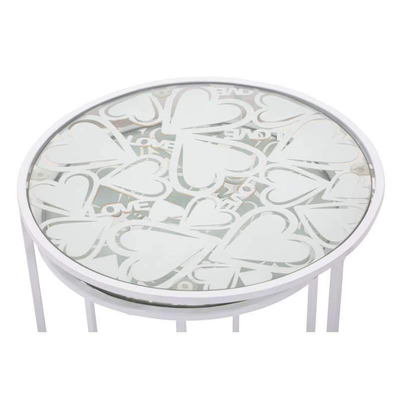 Table d'appoint moderne Ronde en Métal Blanc Verre Motif papillons White Hearts (Lot de 2) 