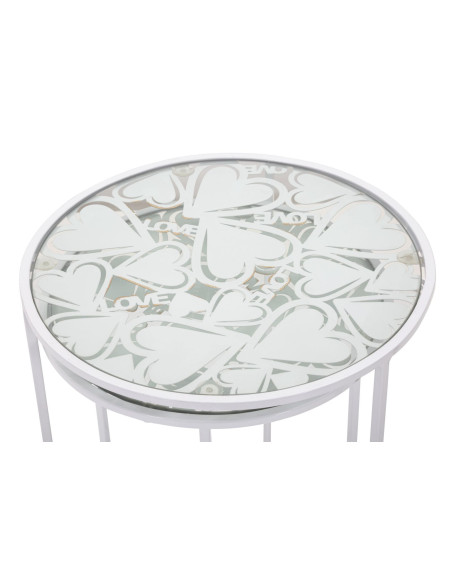 Table d'appoint moderne Ronde en Métal Blanc Verre Motif papillons White Hearts (Lot de 2) 