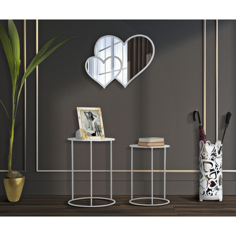 Table d'appoint moderne Ronde en Métal Blanc Verre Motif papillons White Hearts (Lot de 2) 