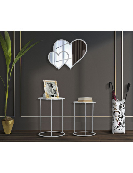 Table d'appoint moderne Ronde en Métal Blanc Verre Motif papillons White Hearts (Lot de 2) 