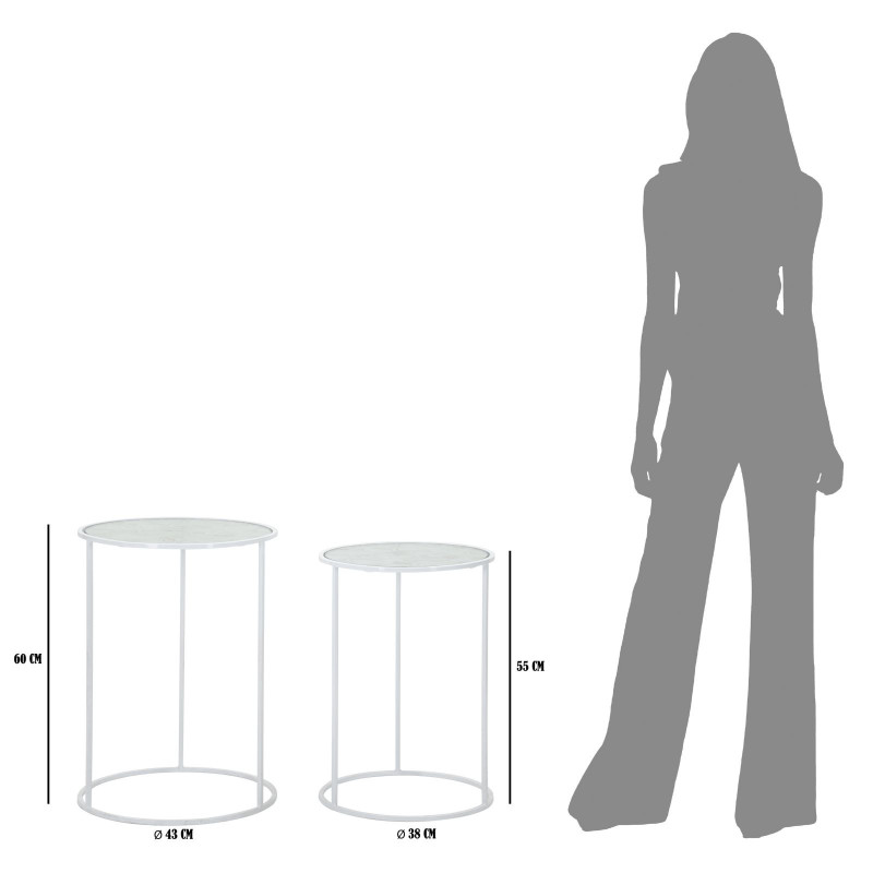 Table d'appoint moderne Ronde en Métal Blanc Verre Motif papillons White Hearts (Lot de 2) 