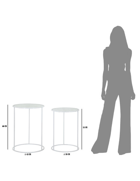 Table d'appoint moderne Ronde en Métal Blanc Verre Motif papillons White Hearts (Lot de 2) 