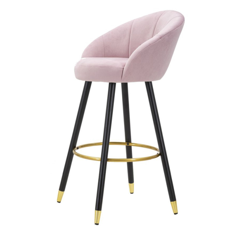 Tabouret de bar moderne chic en Velours Rose Métal Noir Doré Prague 