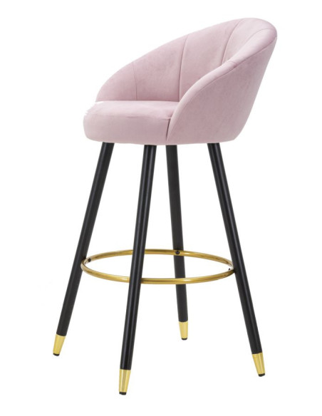 Tabouret de bar moderne chic en Velours Rose Métal Noir Doré Prague 