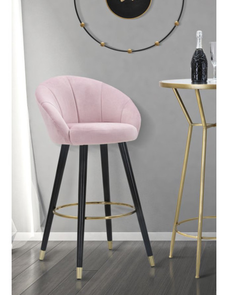 Tabouret de bar moderne chic en Velours Rose Métal Noir Doré Prague 