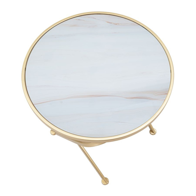 Table d'appoint moderne Rond en Métal Doré Verre Bois Effet marbre Mat 