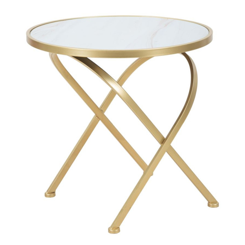 Table d'appoint moderne Rond en Métal Doré Verre Bois Effet marbre Mat 
