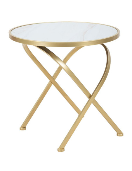 Table d'appoint moderne Rond en Métal Doré Verre Bois Effet marbre Mat 