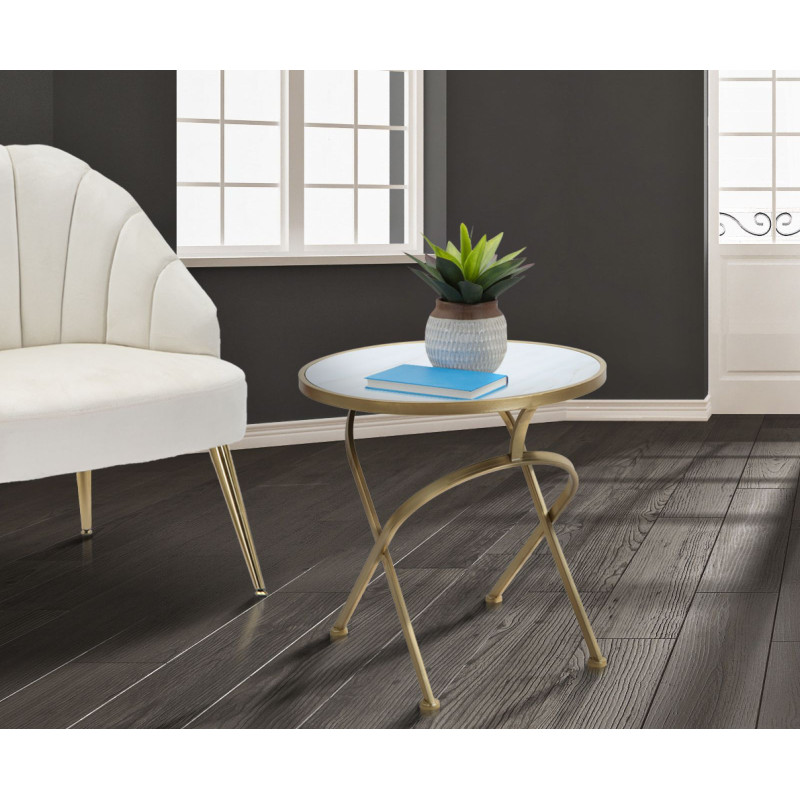 Table d'appoint moderne Rond en Métal Doré Verre Bois Effet marbre Mat 