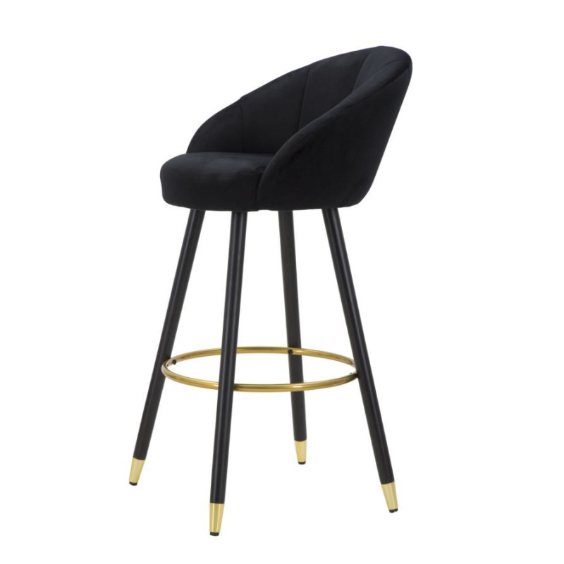 Tabouret de bar moderne chic en Velours Noir Métal Noir Doré Prague 