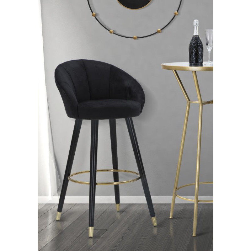 Tabouret de bar moderne chic en Velours Noir Métal Noir Doré Prague 