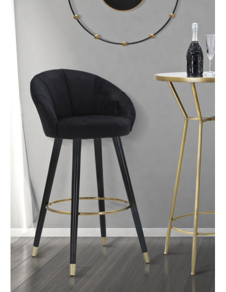 Tabouret de bar moderne chic en Velours Noir Métal Noir Doré Prague 