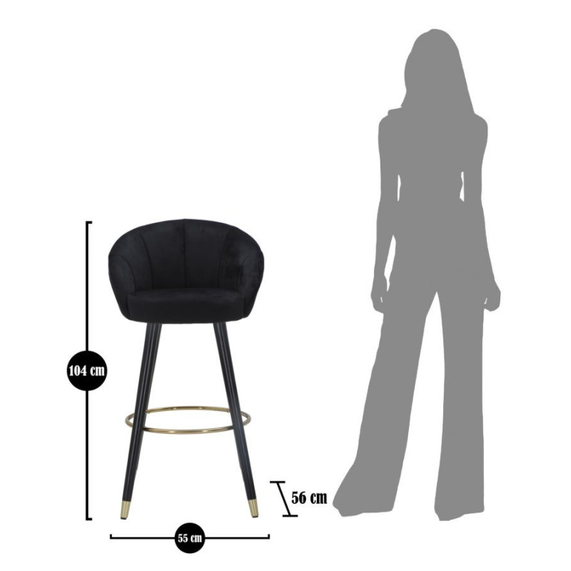 Tabouret de bar moderne chic en Velours Noir Métal Noir Doré Prague 