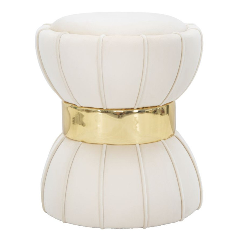 Pouf original Rond en Velours Blanc crème Simili Doré Bois Flower Mauro Ferretti - 1