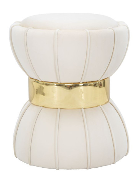 Pouf original Rond en Velours Blanc crème Simili Doré Bois Flower Mauro Ferretti - 1