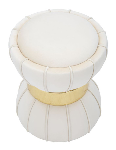Pouf original Rond en Velours Blanc crème Simili Doré Bois Flower Mauro Ferretti - 2