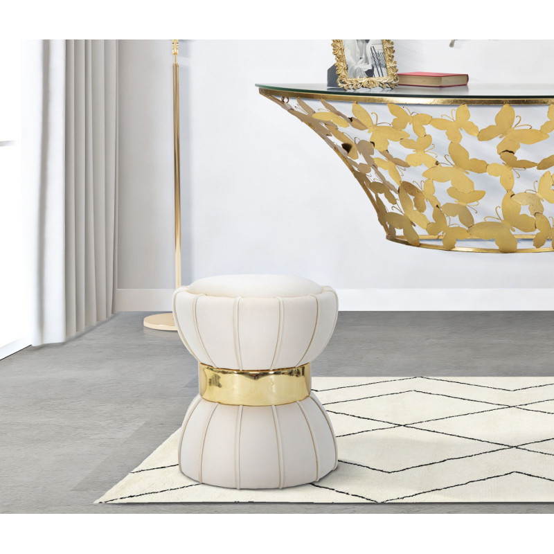 Pouf original Rond en Velours Blanc crème Simili Doré Bois Flower Mauro Ferretti - 5