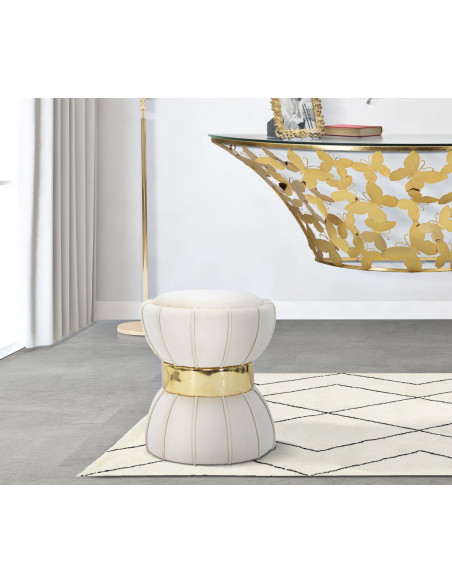 Pouf original Rond en Velours Blanc crème Simili Doré Bois Flower Mauro Ferretti - 5