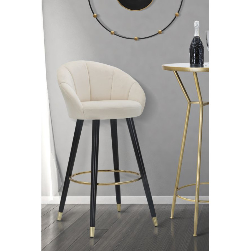 Tabouret de bar moderne chic en Velours Blanc crème Métal Noir Doré Prague 