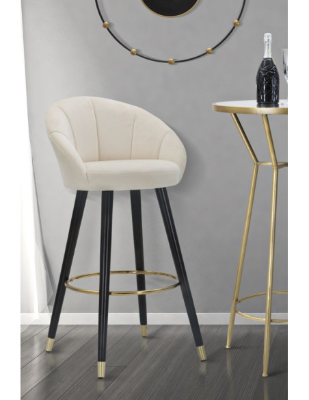 Tabouret de bar moderne chic en Velours Blanc crème Métal Noir Doré Prague 