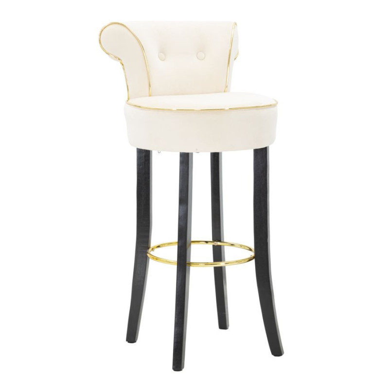 Tabouret de bar moderne avec dossier en Velours Blanc crème Capitonné Simili Métal Doré Luxy 