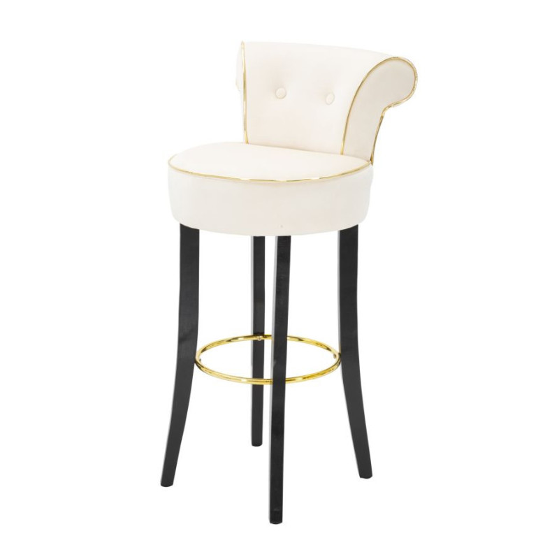Tabouret de bar moderne avec dossier en Velours Blanc crème Capitonné Simili Métal Doré Luxy 