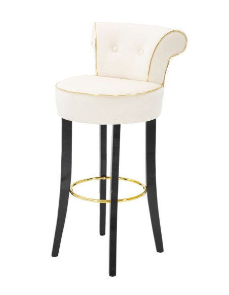 Tabouret de bar moderne avec dossier en Velours Blanc crème Capitonné Simili Métal Doré Luxy 