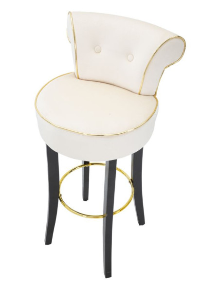 Tabouret de bar moderne avec dossier en Velours Blanc crème Capitonné Simili Métal Doré Luxy 