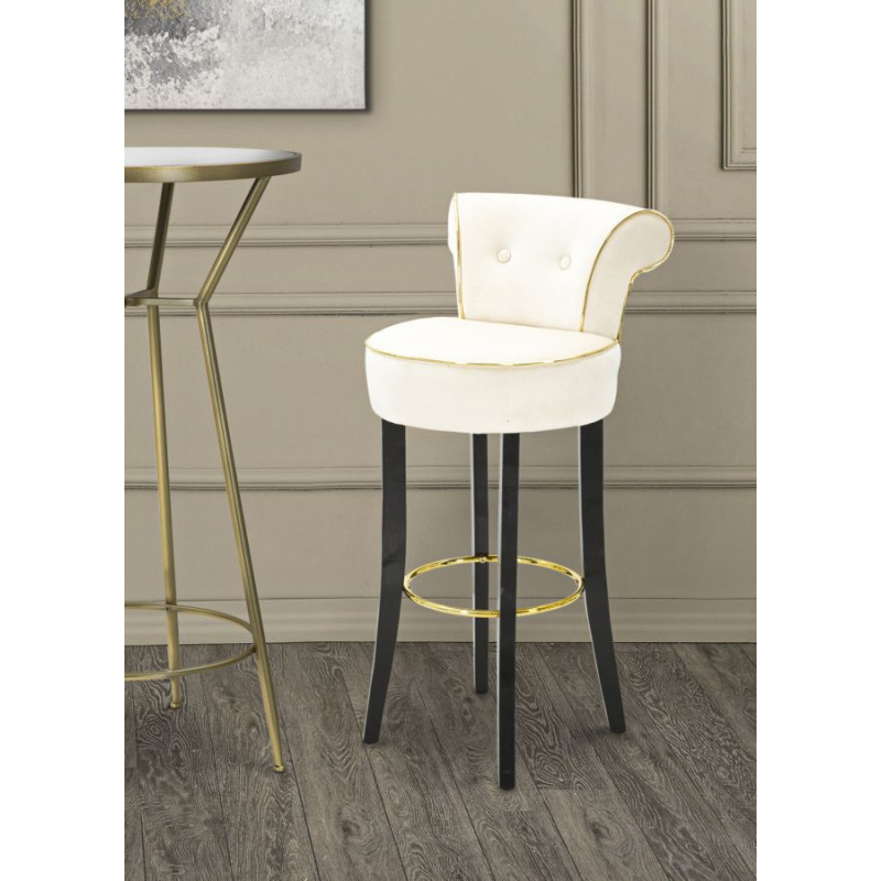 Tabouret de bar moderne avec dossier en Velours Blanc crème Capitonné Simili Métal Doré Luxy 