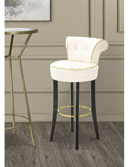 Tabouret de bar moderne avec dossier en Velours Blanc crème Capitonné Simili Métal Doré Luxy 