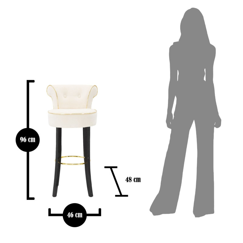 Tabouret de bar moderne avec dossier en Velours Blanc crème Capitonné Simili Métal Doré Luxy 