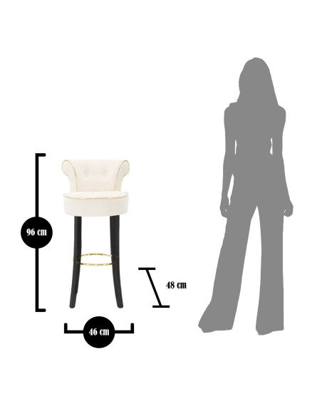 Tabouret de bar moderne avec dossier en Velours Blanc crème Capitonné Simili Métal Doré Luxy 