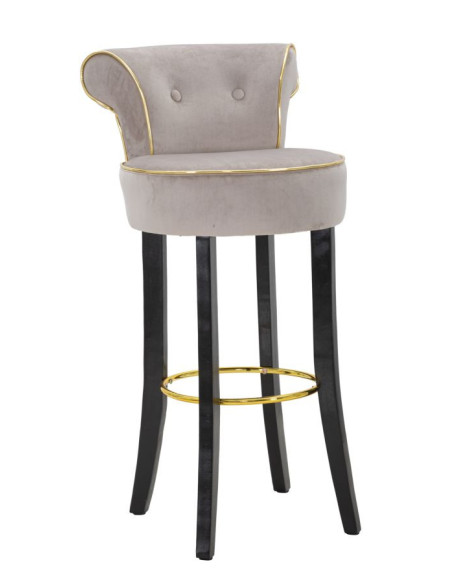 Tabouret de bar moderne avec dossier en Velours Gris Capitonné Simili Métal Doré Luxy 