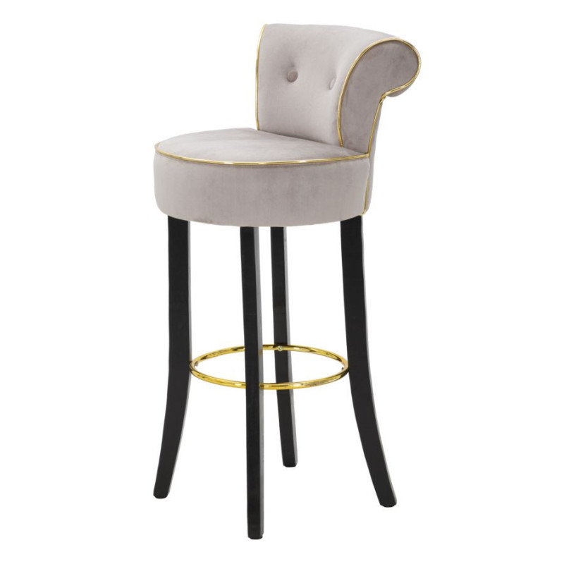 Tabouret de bar moderne avec dossier en Velours Gris Capitonné Simili Métal Doré Luxy 