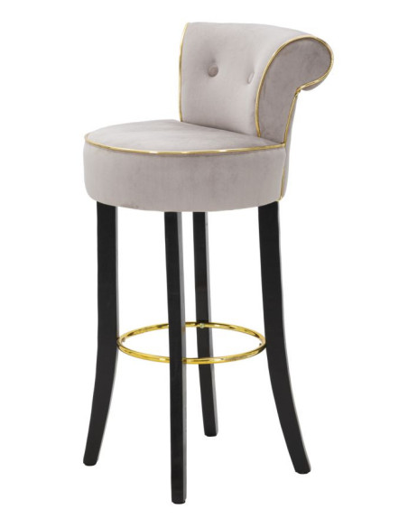 Tabouret de bar moderne avec dossier en Velours Gris Capitonné Simili Métal Doré Luxy 