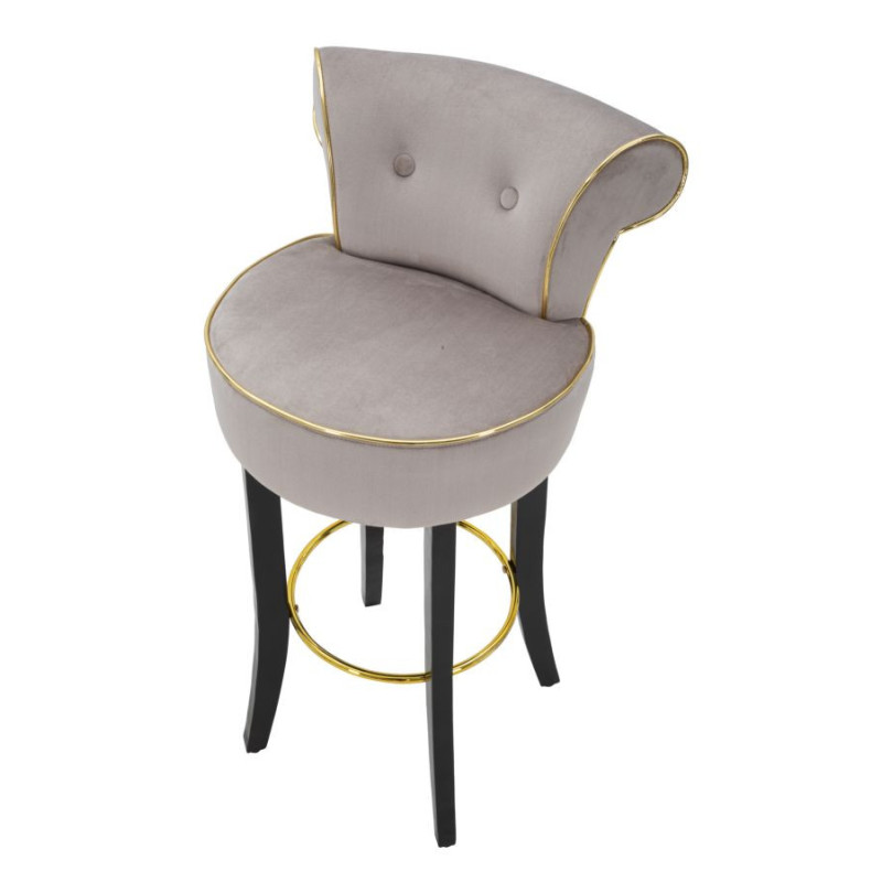 Tabouret de bar moderne avec dossier en Velours Gris Capitonné Simili Métal Doré Luxy 
