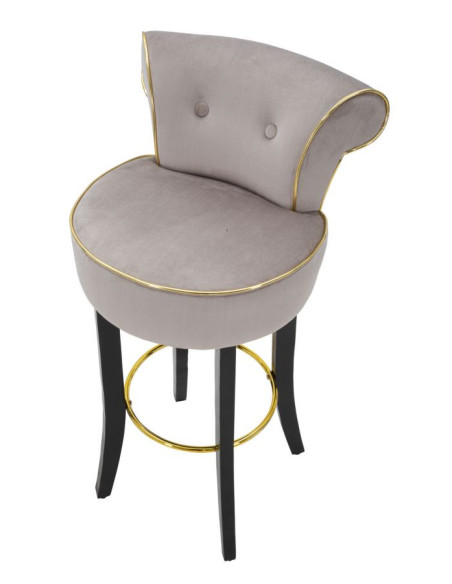 Tabouret de bar moderne avec dossier en Velours Gris Capitonné Simili Métal Doré Luxy 