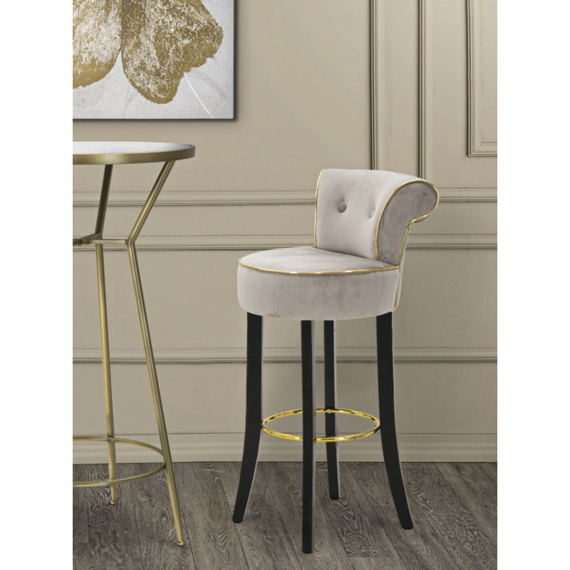 Tabouret de bar moderne avec dossier en Velours Gris Capitonné Simili Métal Doré Luxy 