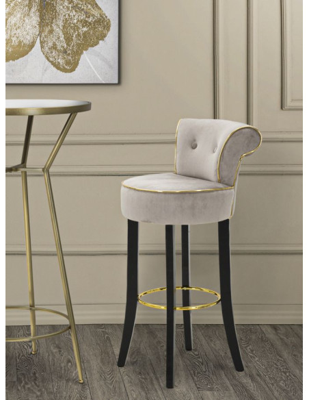 Tabouret de bar moderne avec dossier en Velours Gris Capitonné Simili Métal Doré Luxy 