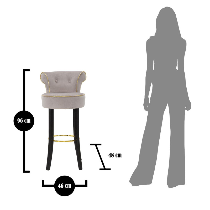 Tabouret de bar moderne avec dossier en Velours Gris Capitonné Simili Métal Doré Luxy 