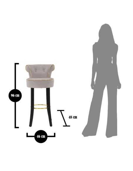 Tabouret de bar moderne avec dossier en Velours Gris Capitonné Simili Métal Doré Luxy 