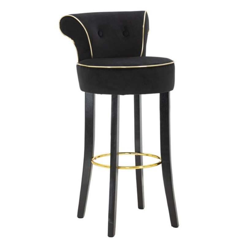 Tabouret de bar moderne avec dossier en Velours Noir Capitonné Simili Métal Doré Luxy 