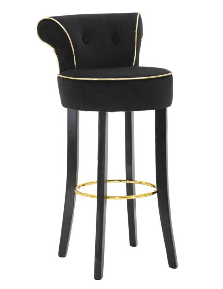 Tabouret de bar moderne avec dossier en Velours Noir Capitonné Simili Métal Doré Luxy 